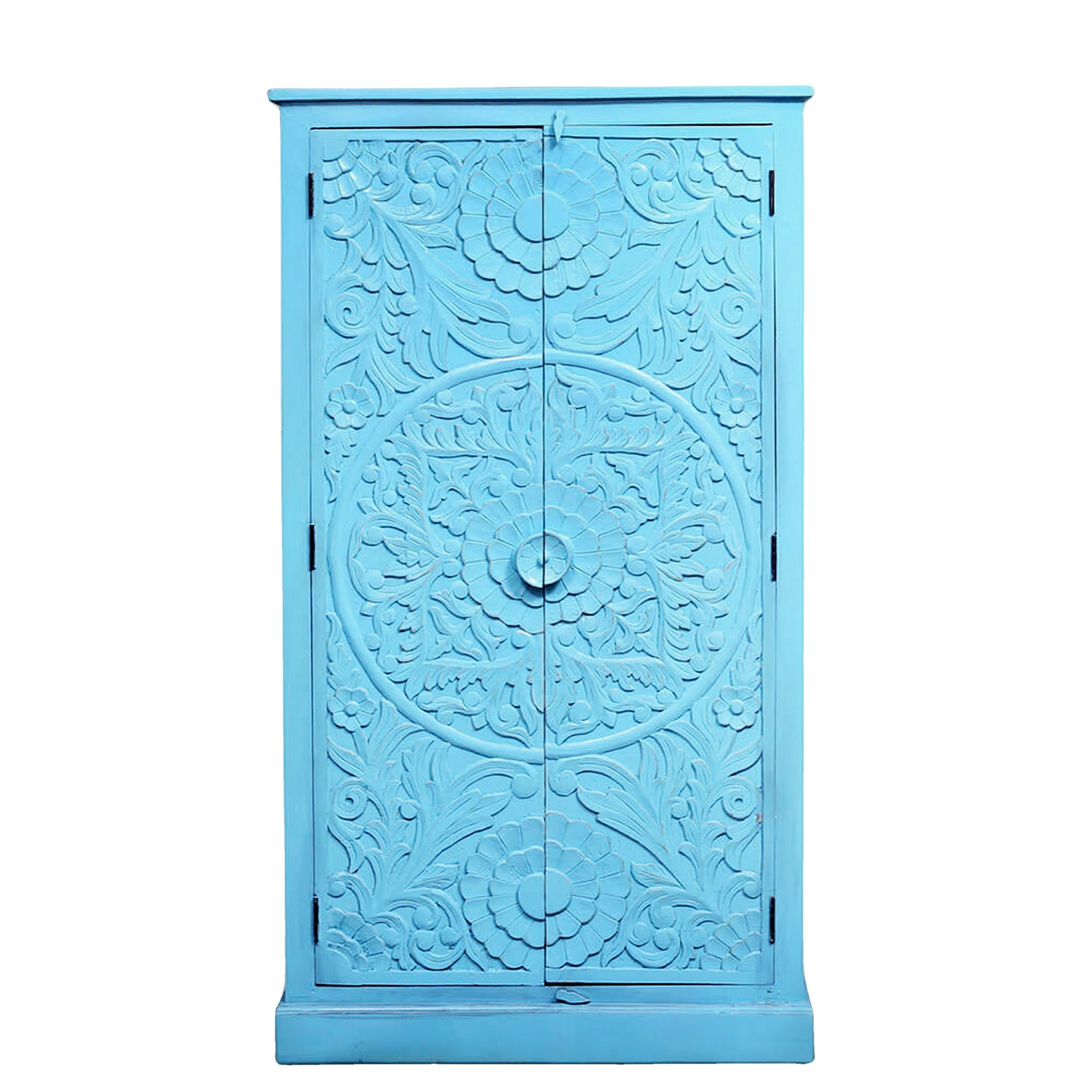 Classic Beach Look Turquoise Color Mandala Hand Carved Solid Mango Wood Two Door Wardrobe Cabinet Closet for Bedroom Storage