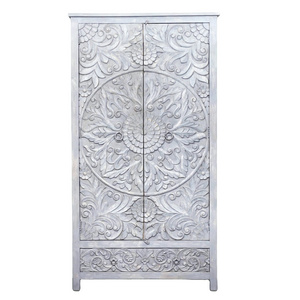 Rustic Mandala Floral Carved Closet with Two Doors & Drawer in antique Distressed White Finish Handmade Factory Wholesale Price