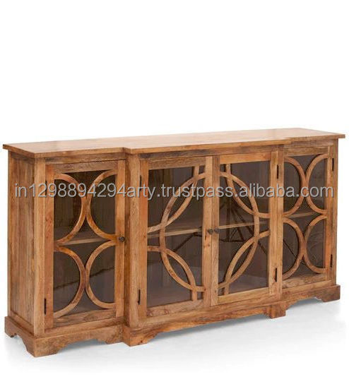 Contemporary Wooden Four Doors Glass Door Buffet mango wood natural finish storage cabinet