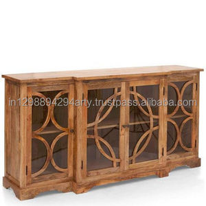 Contemporary Wooden Four Doors Glass Door Buffet mango wood natural finish storage cabinet