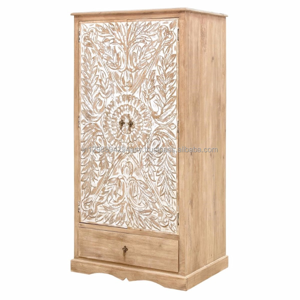 Bedroom Furniture Antique Design Carved Doors Solid Wooden Bedroom 2 Doors 1 Drawer Wardrobe