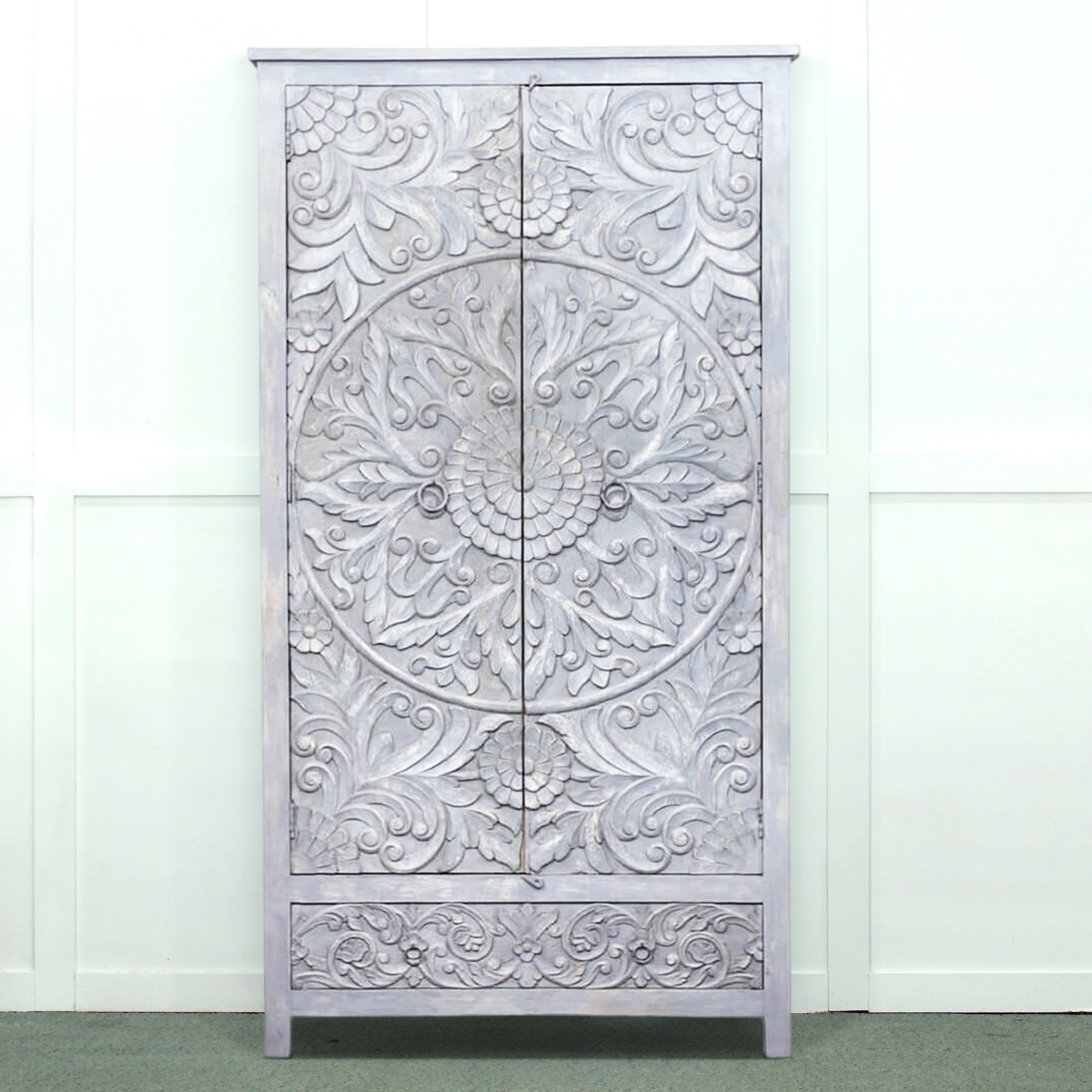 Rustic Mandala Floral Carved Closet with Two Doors & Drawer in antique Distressed White Finish Handmade Factory Wholesale Price