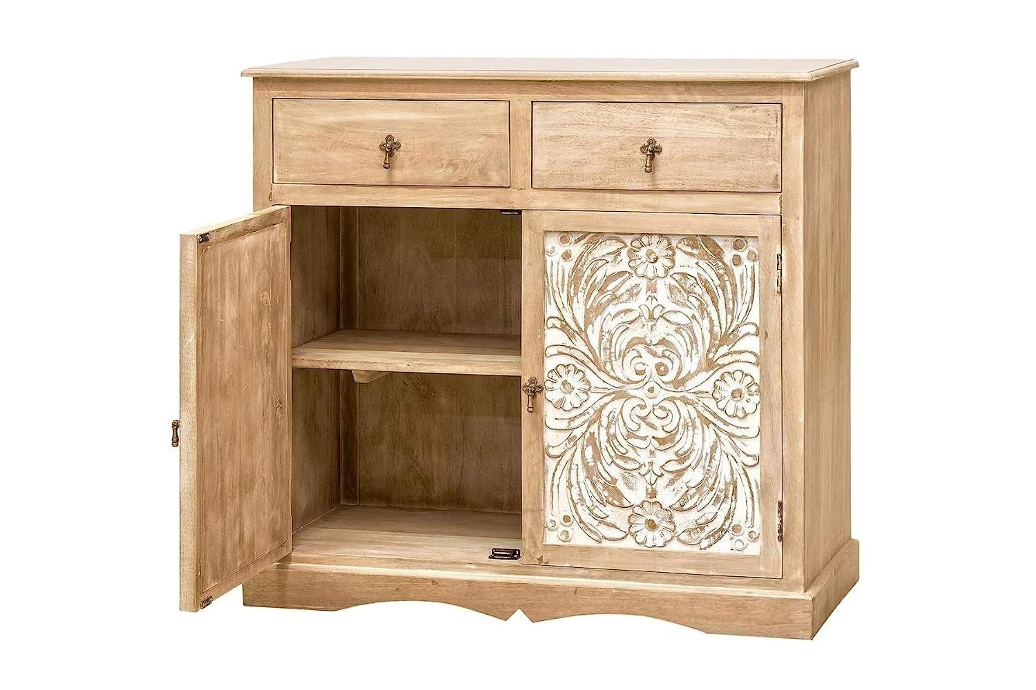 Rustic Solid Wood Two Doors Two Drawers Carved Buffet Sideboard Mango wood cabinet storage furniture