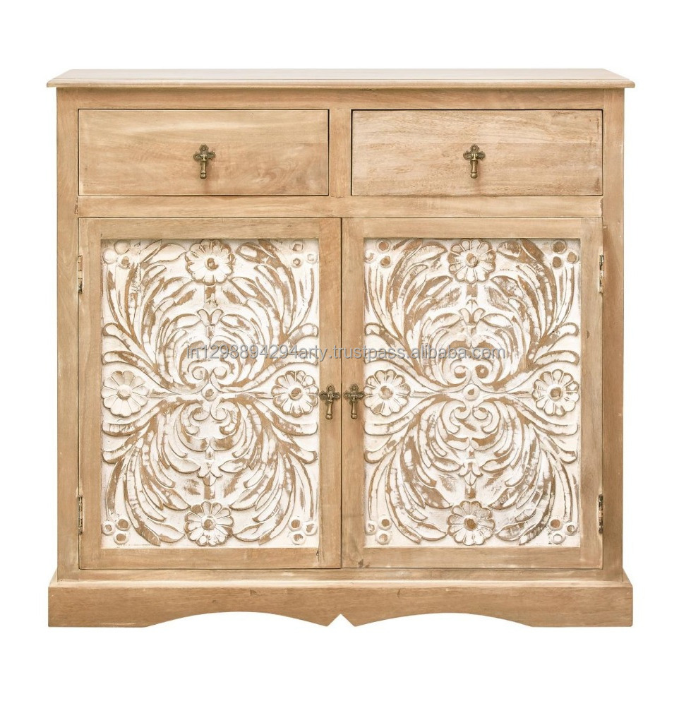 Rustic Solid Wood Two Doors Two Drawers Carved Buffet Sideboard Mango wood cabinet storage furniture