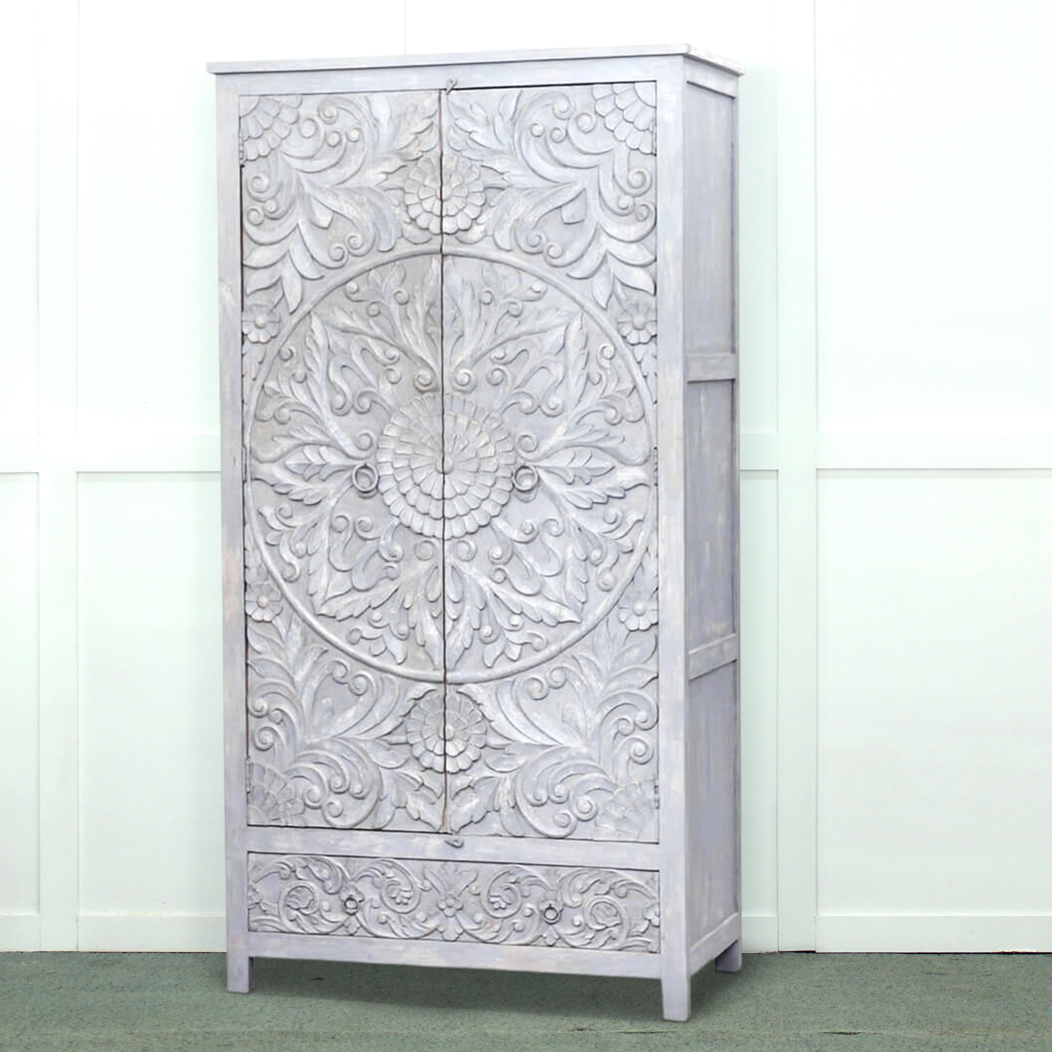 Rustic Mandala Floral Carved Closet with Two Doors & Drawer in antique Distressed White Finish Handmade Factory Wholesale Price