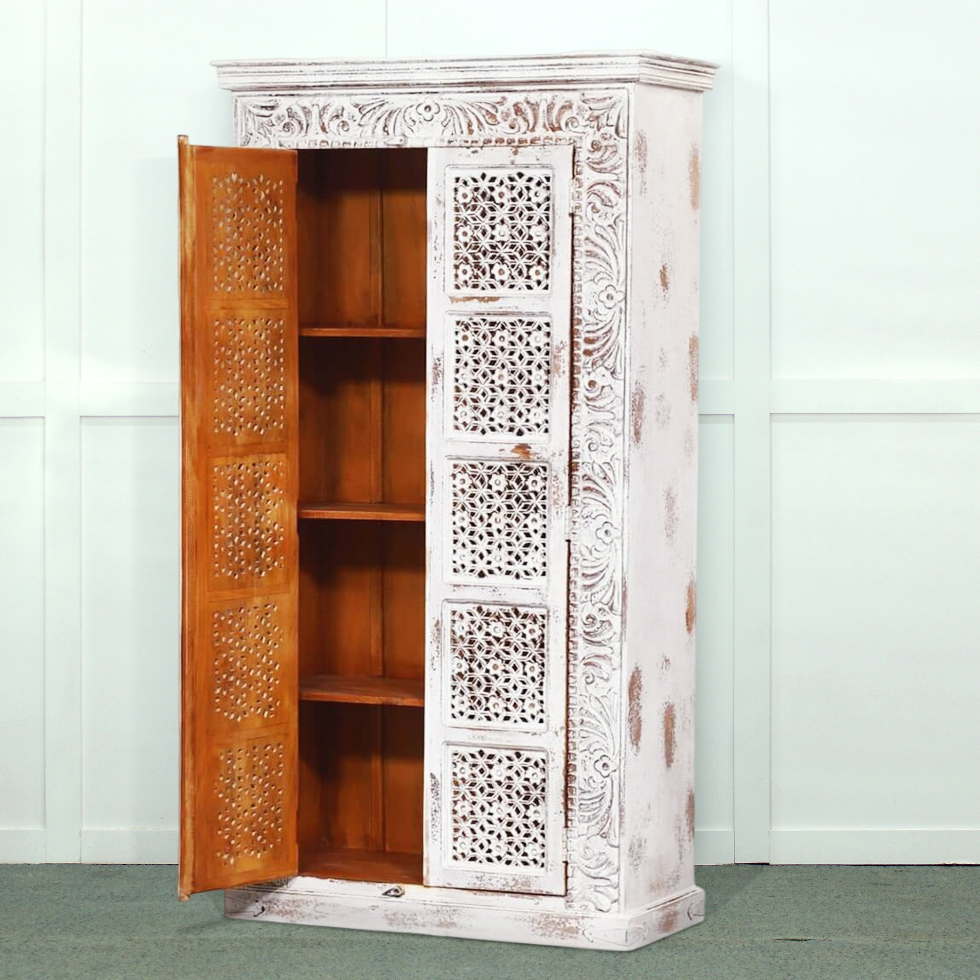 Factory Seller Wardrobe Closet Frame Cabinet Simple Distressed White Mango Wood Item Kitchen Closet Book Case Bookshelf