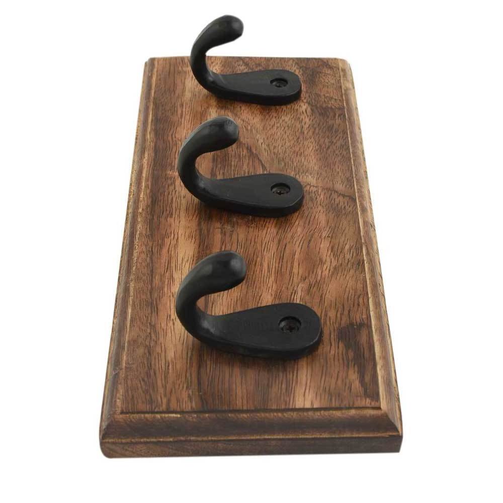 Wholesale Handmade Decorative Wooden Wall Hook For Hanging Clothes With 3 Black Iron Key Hooks For Entryway