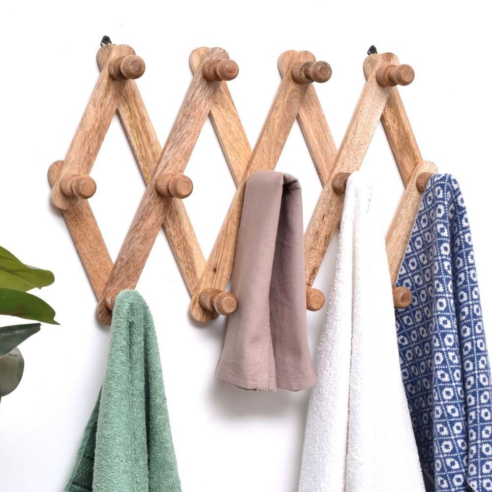 Wholesale Bulk Brown 13 Peg Adjustable Wall Hooks Wooden Coat Hooks and Hanger Heavy Duty Foldable Wall Hooks WHK-2094