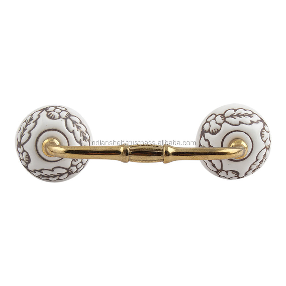 Handmade White Ceramic Floral Door Bridge Handles Home Decor Cabinet Pulls For Kitchen 4 Inches New Design  BH-75-CK-1356