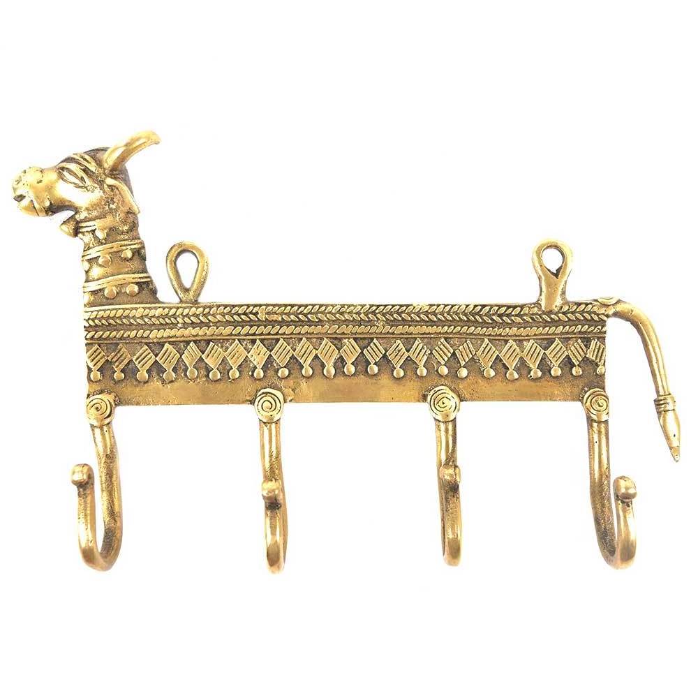 Wholesale Golden Wall Hooks Brass Four Prong Key Wall Hook New Arrival Dhokra Design Cow Hook and Hanger in Bulk BTH-139