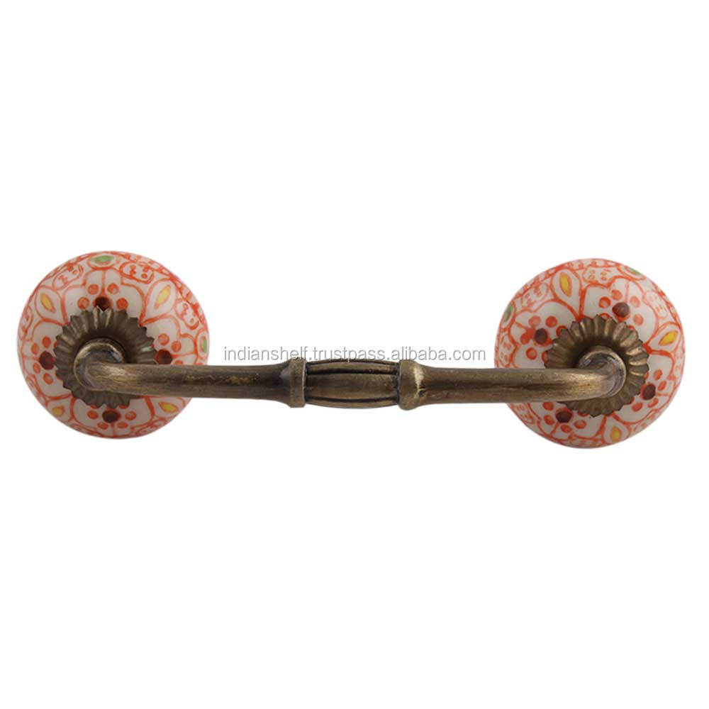 Handmade Traditional Bulk Orange Ceramic Floral Bridge Door Handles Wardrobe Cabinet Pulls for Kitchen 4 Inches BH-69