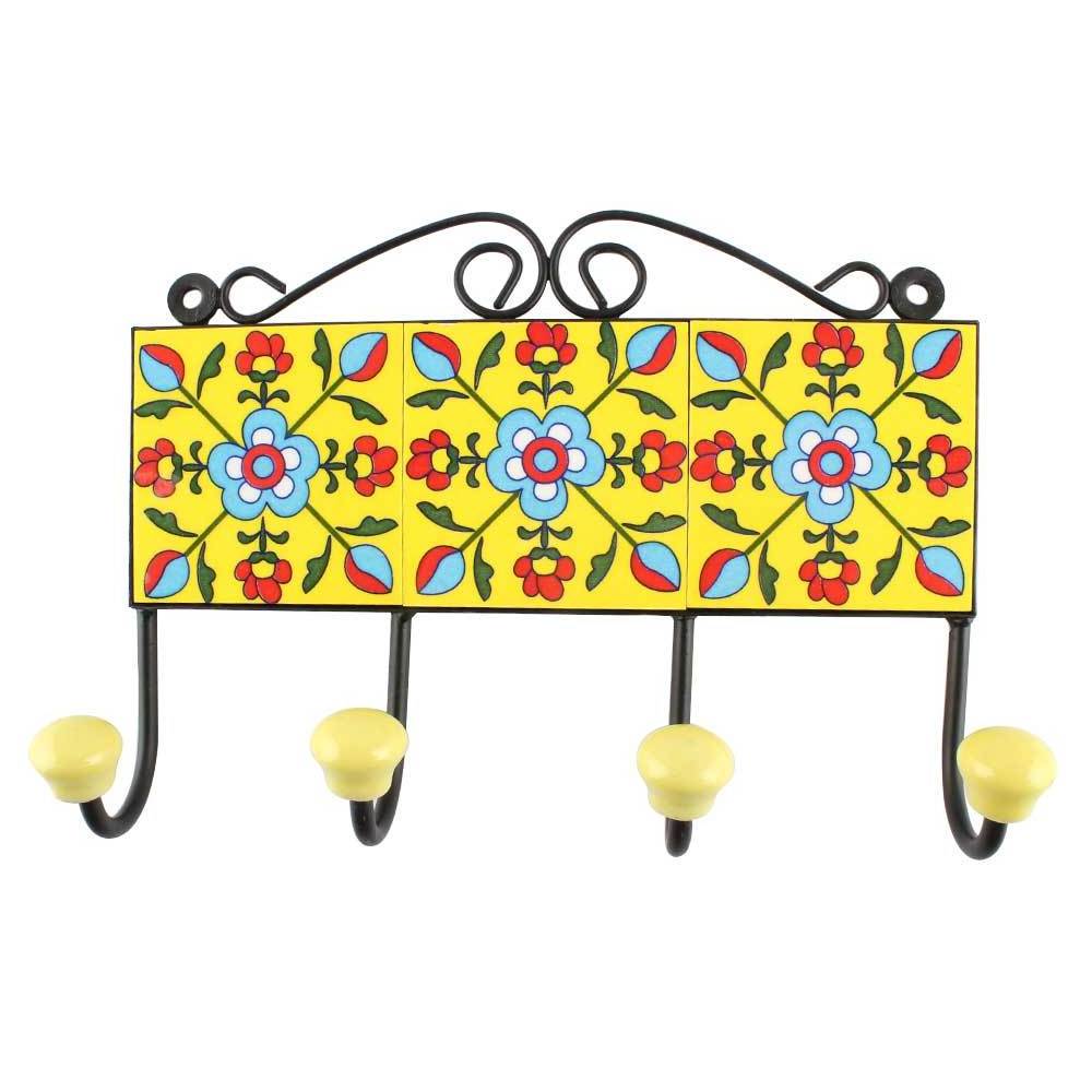 Designer Premium Yellow Ceramic Flower Jewellery Simple Wall Hooks Door Holders Key Hangers Durable Indian Craft Wholesale