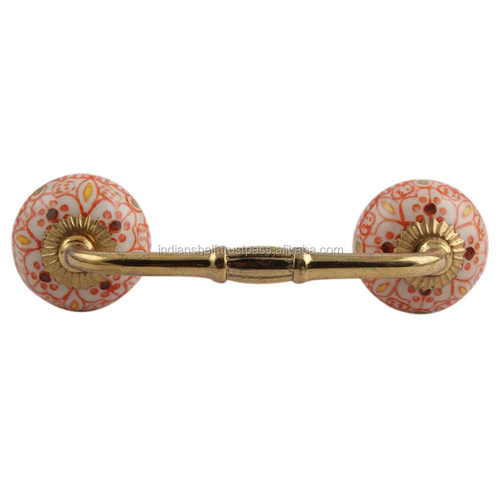 Handmade Traditional Bulk Orange Ceramic Floral Bridge Door Handles Wardrobe Cabinet Pulls for Kitchen 4 Inches BH-69