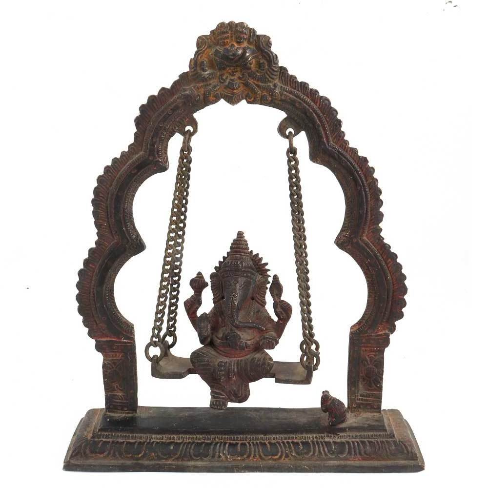 Handmade Antique Brass Ganesha Sitting Swing With Decorative Prabhavali Sculptures Statue Statement Pieces Decor Gift Items