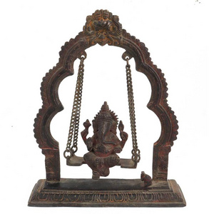 Handmade Antique Brass Ganesha Sitting Swing With Decorative Prabhavali Sculptures Statue Statement Pieces Decor Gift Items