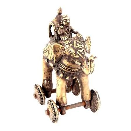 Indian Handmade Antique Brass Elephant On Wheel Sculptures Figurine Statue for Home Decoration Ornaments 26 x 20 cm SBA-295