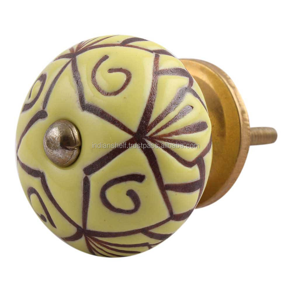 Handmade Decorative Yellow Ceramic Floral Style Drawer Knobs Dresser Cabinet Pulls Kitchen Cupboard Door Handles 3.81 cm Ck-1378