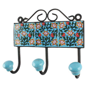 Wholesale Decorative Turquoise Ceramic Tiles Vintage Floral Wall Hooks Door Holders Robe Hangers Durable Indian Craft HK-1491