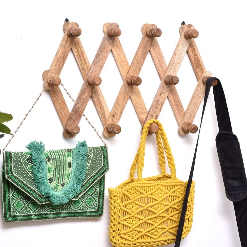 Wholesale Bulk Brown 13 Peg Adjustable Wall Hooks Wooden Coat Hooks and Hanger Heavy Duty Foldable Wall Hooks WHK-2094