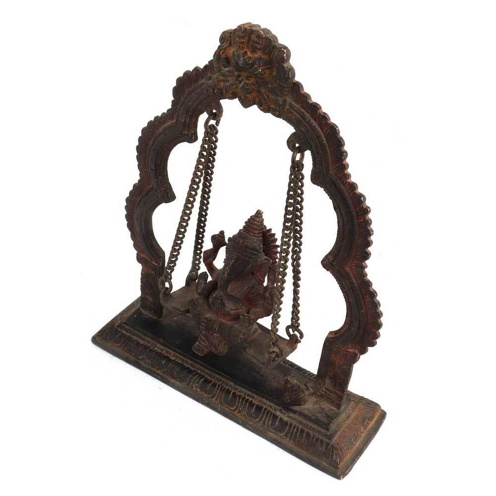 Handmade Antique Brass Ganesha Sitting Swing With Decorative Prabhavali Sculptures Statue Statement Pieces Decor Gift Items