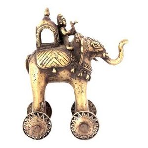 Indian Handmade Antique Brass Elephant On Wheel Sculptures Figurine Statue for Home Decoration Ornaments 26 x 20 cm SBA-295