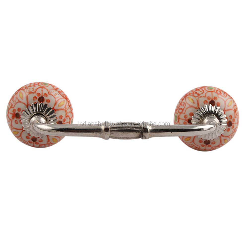 Handmade Traditional Bulk Orange Ceramic Floral Bridge Door Handles Wardrobe Cabinet Pulls for Kitchen 4 Inches BH-69