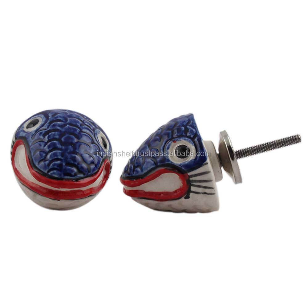 Handmade Blue and Red Drawer Knobs Ceramic Fish Nursery Cupboard Knobs in Bulk Animal Fauna Shape Knob in Cheap Price