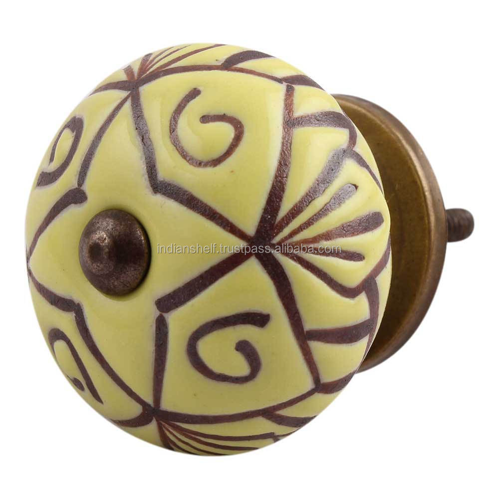 Handmade Decorative Yellow Ceramic Floral Style Drawer Knobs Dresser Cabinet Pulls Kitchen Cupboard Door Handles 3.81 cm Ck-1378