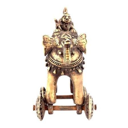 Indian Handmade Antique Brass Elephant On Wheel Sculptures Figurine Statue for Home Decoration Ornaments 26 x 20 cm SBA-295