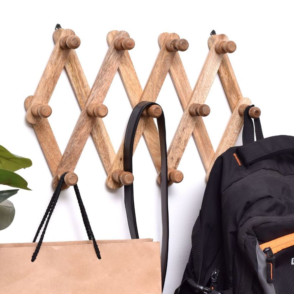 Wholesale Bulk Brown 13 Peg Adjustable Wall Hooks Wooden Coat Hooks and Hanger Heavy Duty Foldable Wall Hooks WHK-2094