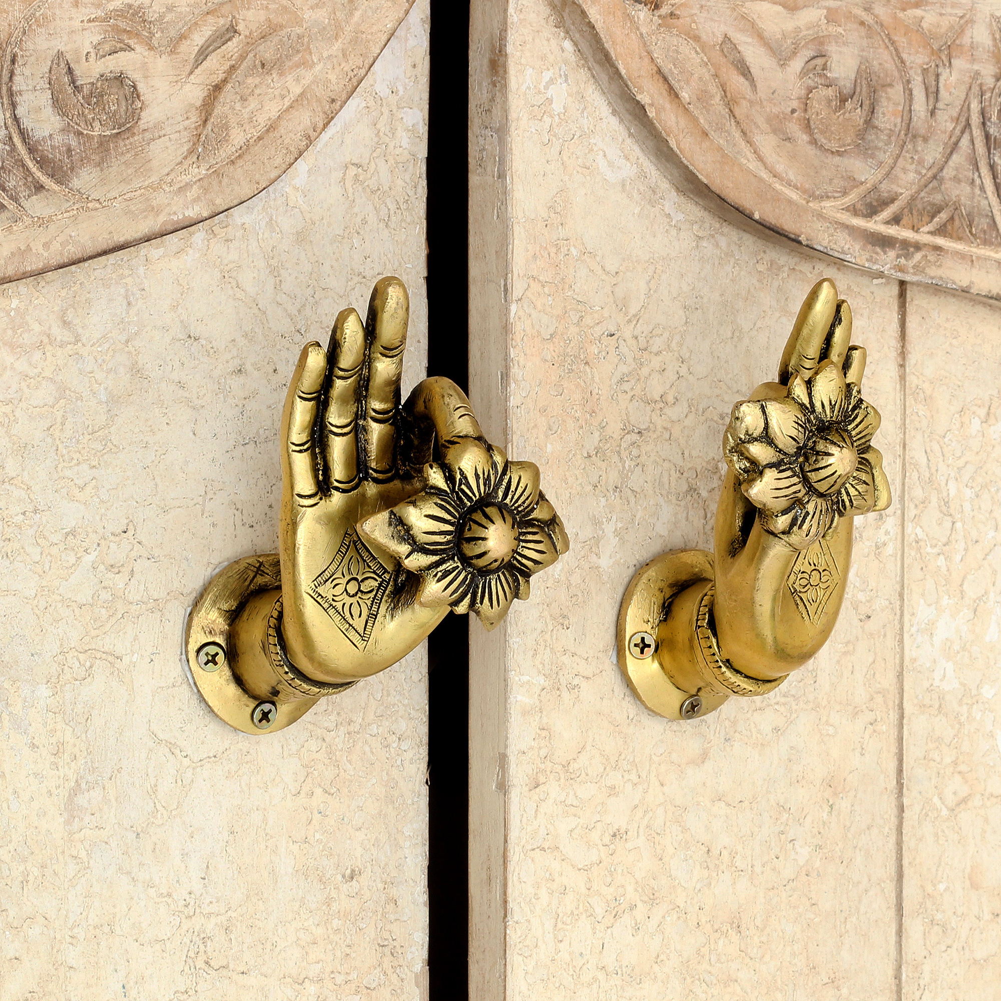 Handmade Golden Door Handles Brass Drawer Handles and Pulls in Pair Mudra Design Decorative Wardrobe Handles NMH-318