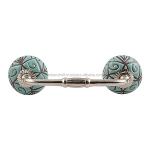 Handmade Bulk Decorative Green Ceramic Floral Bridge Door Handles Home Decor Cabinet Pulls for Kitchen Bathroom 4 Inches BH-214