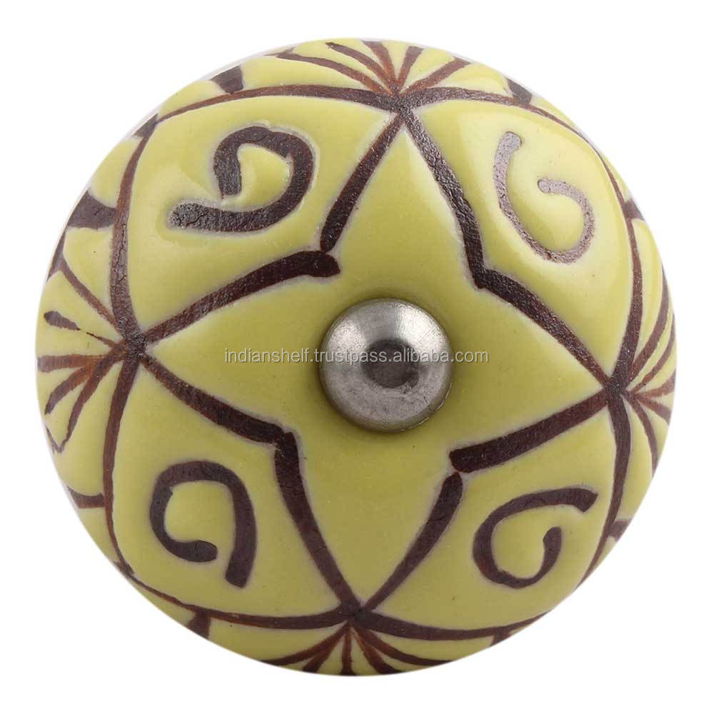 Handmade Decorative Yellow Ceramic Floral Style Drawer Knobs Dresser Cabinet Pulls Kitchen Cupboard Door Handles 3.81 cm Ck-1378