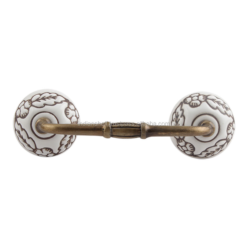 Handmade White Ceramic Floral Door Bridge Handles Home Decor Cabinet Pulls For Kitchen 4 Inches New Design  BH-75-CK-1356