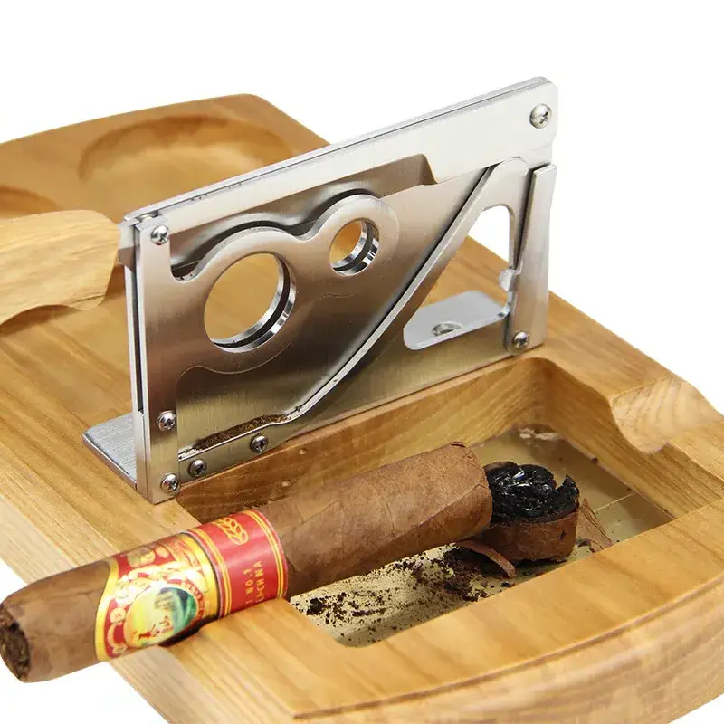 Cigar Cutter Table Oak Ashtray Sharp Cigar Cutting Double Bore Cedar Table Wood with Stainless Steel Knife Cigar Scissor