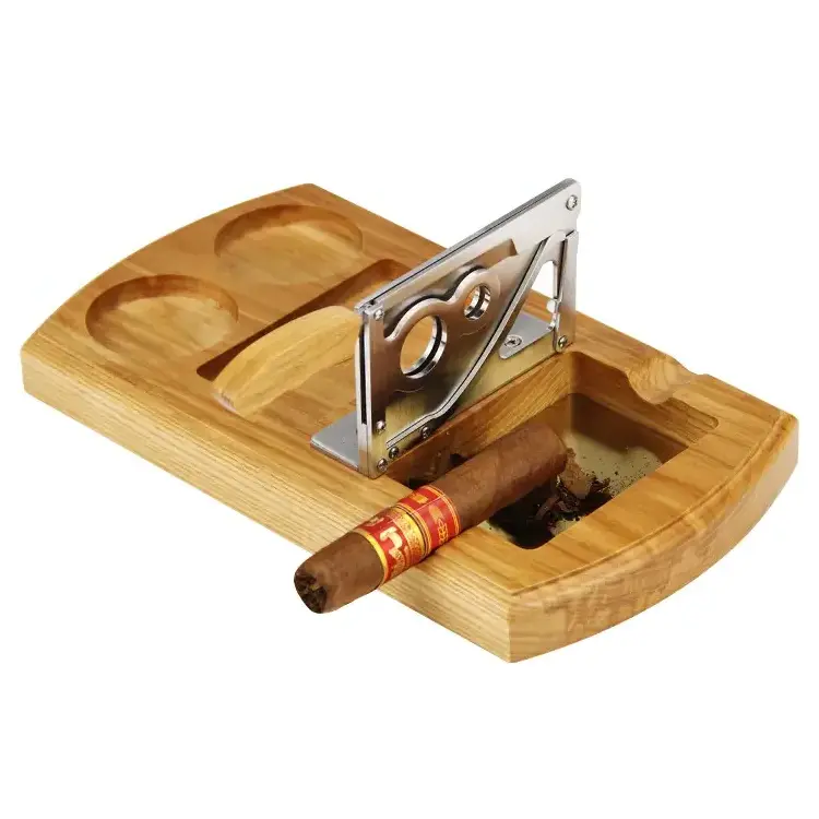 Cigar Cutter Table Oak Ashtray Sharp Cigar Cutting Double Bore Cedar Table Wood with Stainless Steel Knife Cigar Scissor