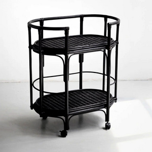 New Design Rattan Black Bar Cart, Rattan Dining Cart Restaurant Service Cart in Vietnam Wholesale