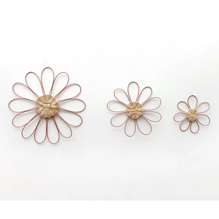 Set of 3 Brown and Natural Handmade Rattan Daisy Wall Decor, Hanging Wall Home Decoration in Vietnam Wholesale