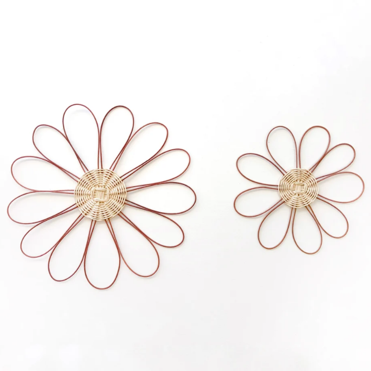 Set of 3 Brown and Natural Handmade Rattan Daisy Wall Decor, Hanging Wall Home Decoration in Vietnam Wholesale