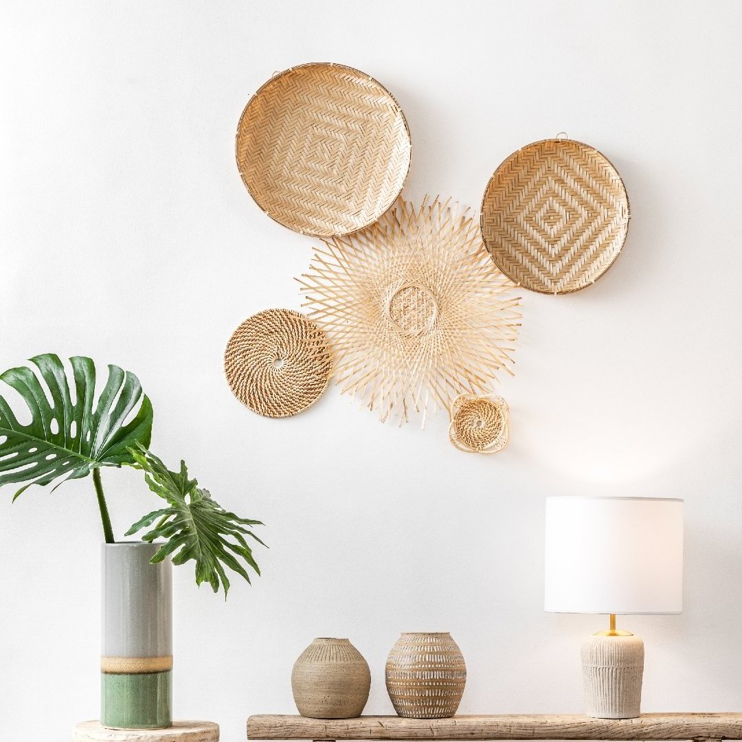 Set Of 5 BAMBOO & RATTAN BASKETS wall decor Handmade Bamboo decorative wall art made in Vietnam