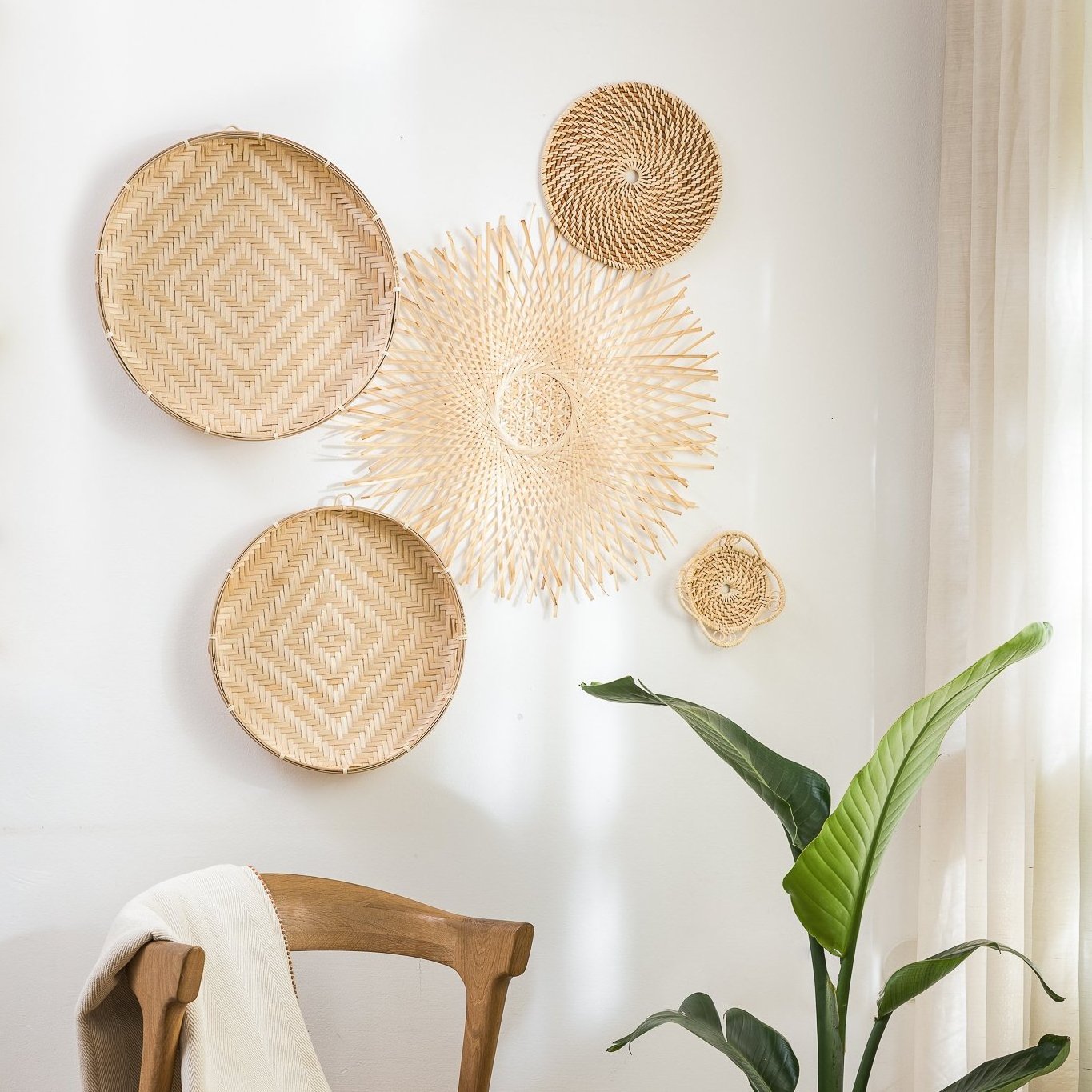 Set Of 5 BAMBOO & RATTAN BASKETS wall decor Handmade Bamboo decorative wall art made in Vietnam