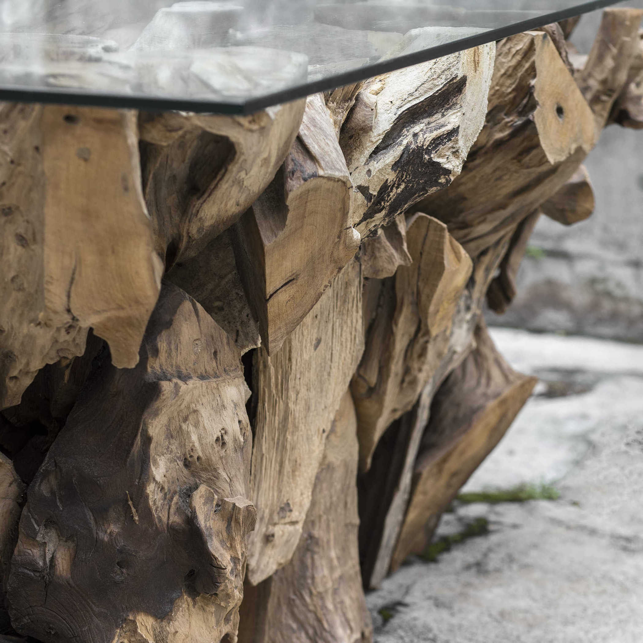 Solid Wooden  Teak Root Coffee Table With Glass Top Living  Room Furniture