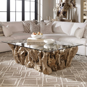 Solid Wooden  Teak Root Coffee Table With Glass Top Living  Room Furniture