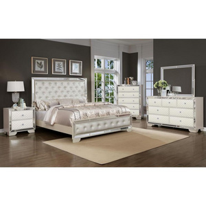 5 Piece King Queen Size Beige Bedroom Furniture Set with Upholstered Bed Frame, Nightstand, Dresser, Mirror and Chest