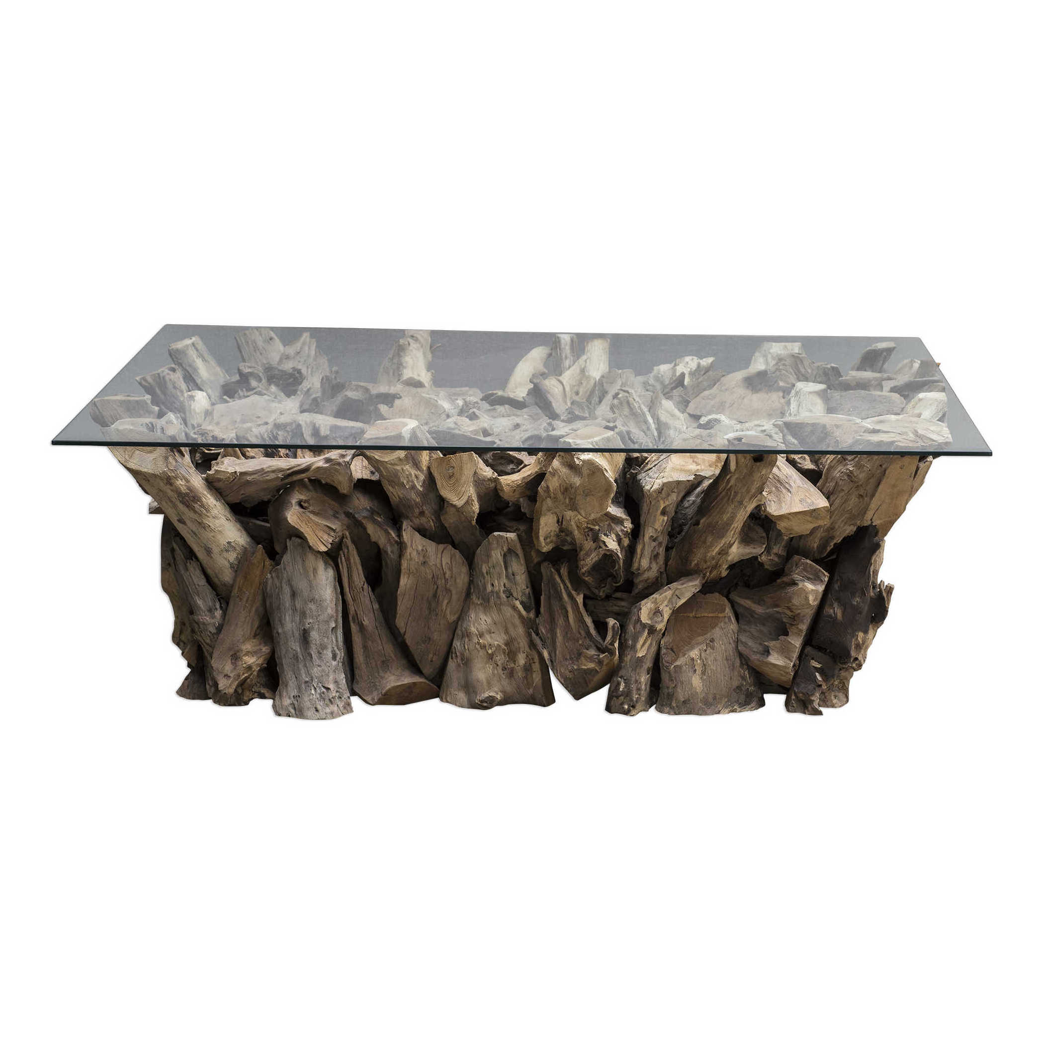 Solid Wooden  Teak Root Coffee Table With Glass Top Living  Room Furniture