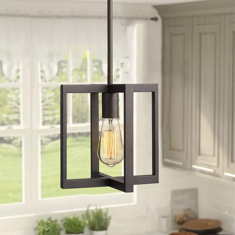 Square Metal Cage in Oil Rubbed Bronze Finish  Industrial Pendant Light Fixture 1-Light Hanging Pendant Light