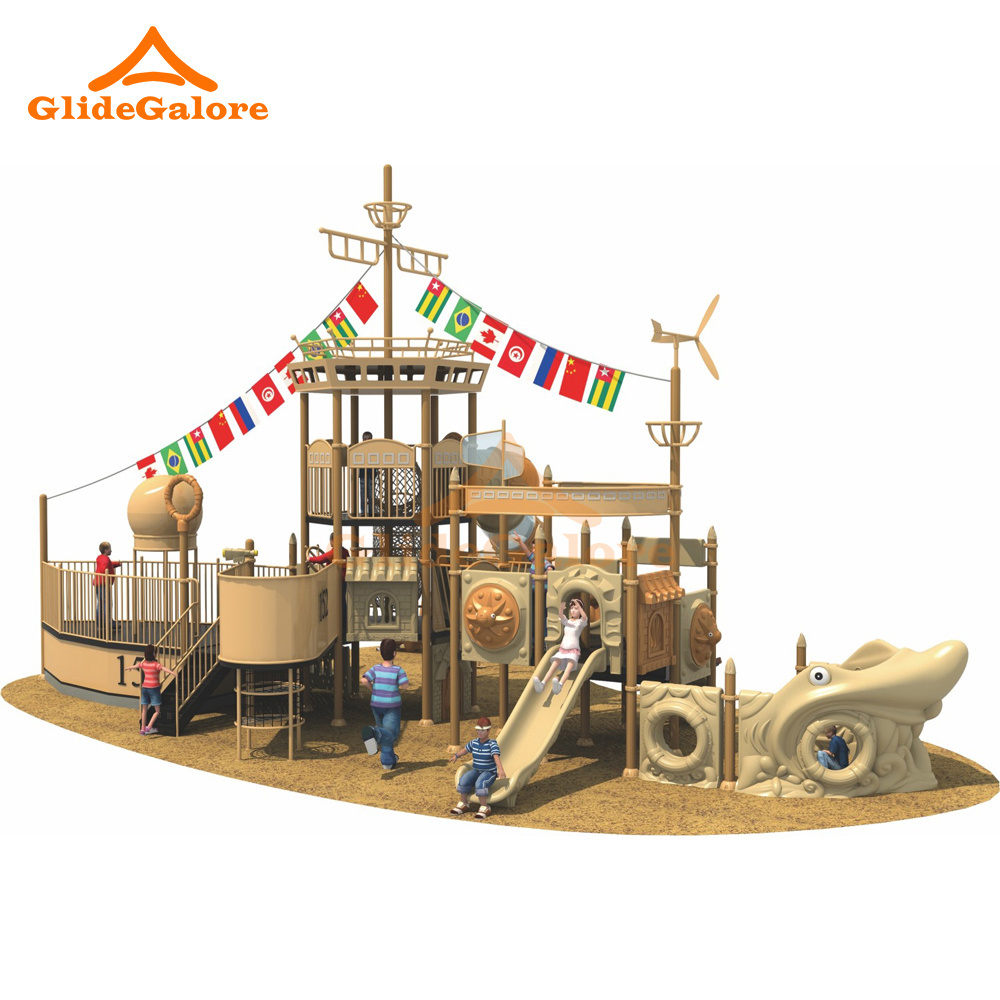 GlideGalore Modern Wooden Playground with Stainless Steel Slide Pirate Ship Slide Outdoor Playground