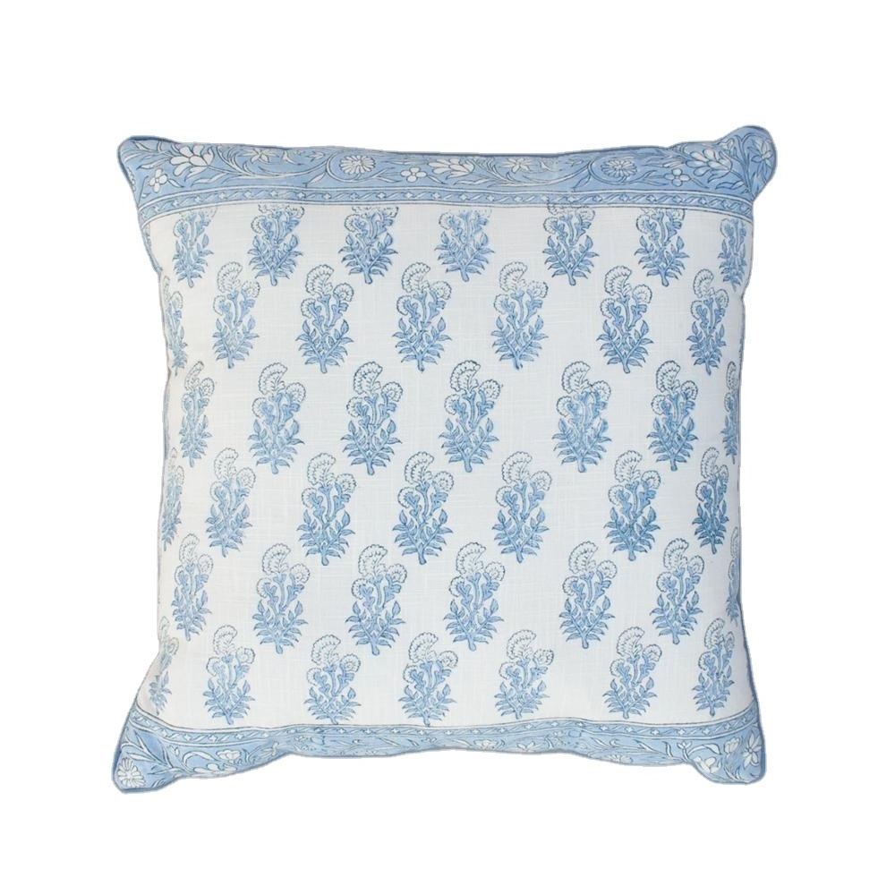 Sky Blue Hand Block print Cotton Linen Decorative Boho Sofa Latest Design 40 X 40 CM Square Cushion cover