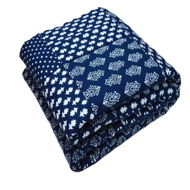 Handmade Indigo Kantha Baby Blanket Cotton Filled Reversible Patchwork Blue Baby Quilt