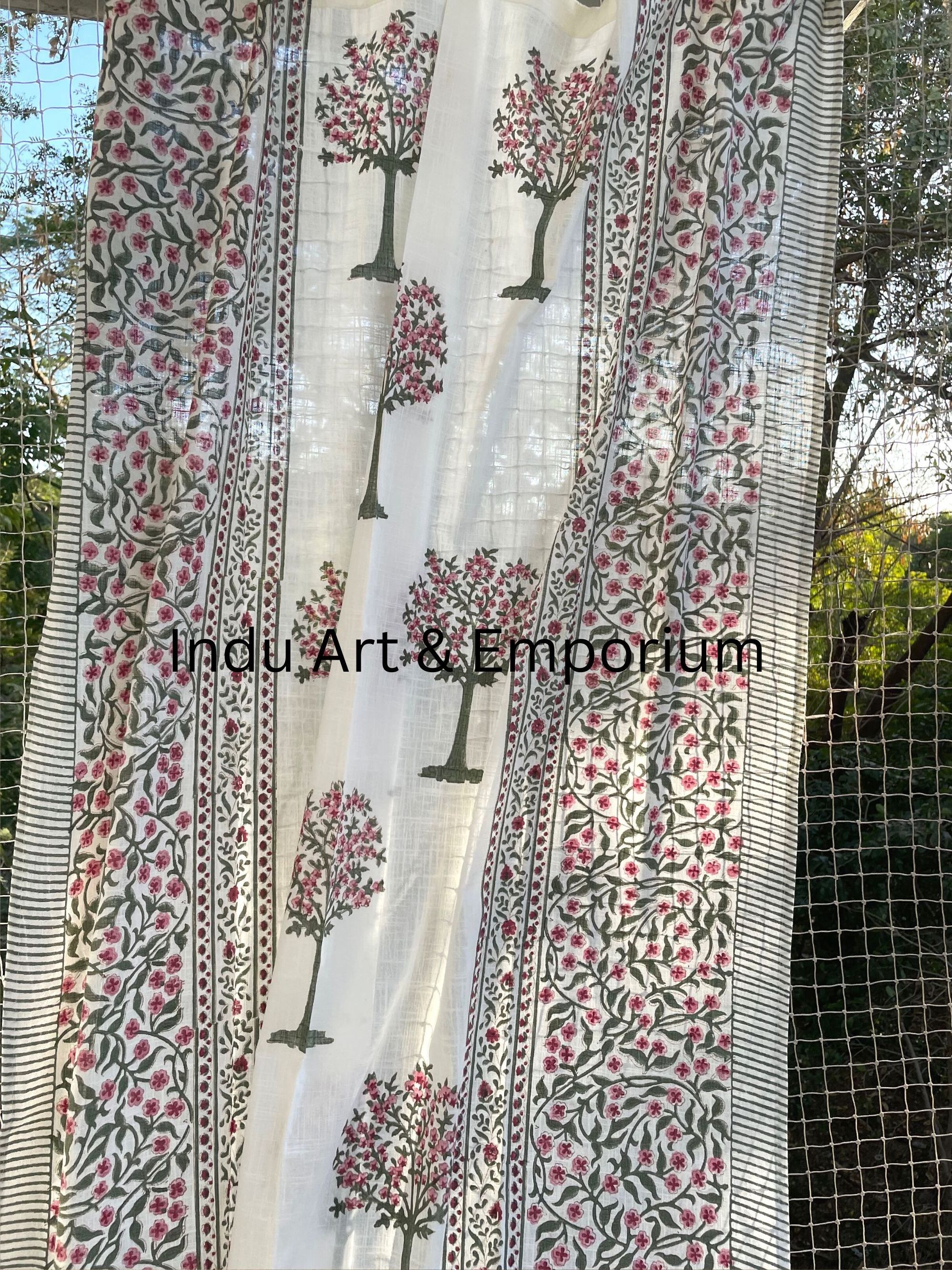 Floral hand block printed cotton window curtain drapes balcony bedroom window valance treatment blinds